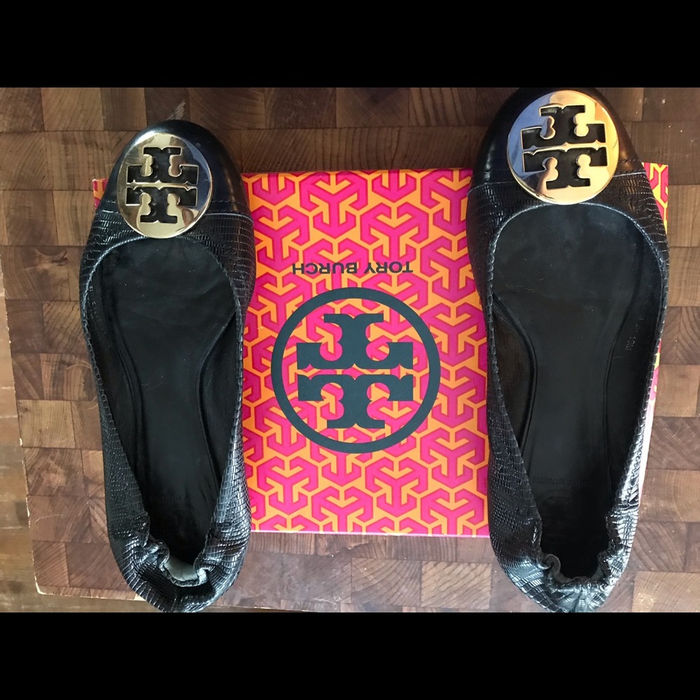 Tory Burch Reva Black Flats with gold